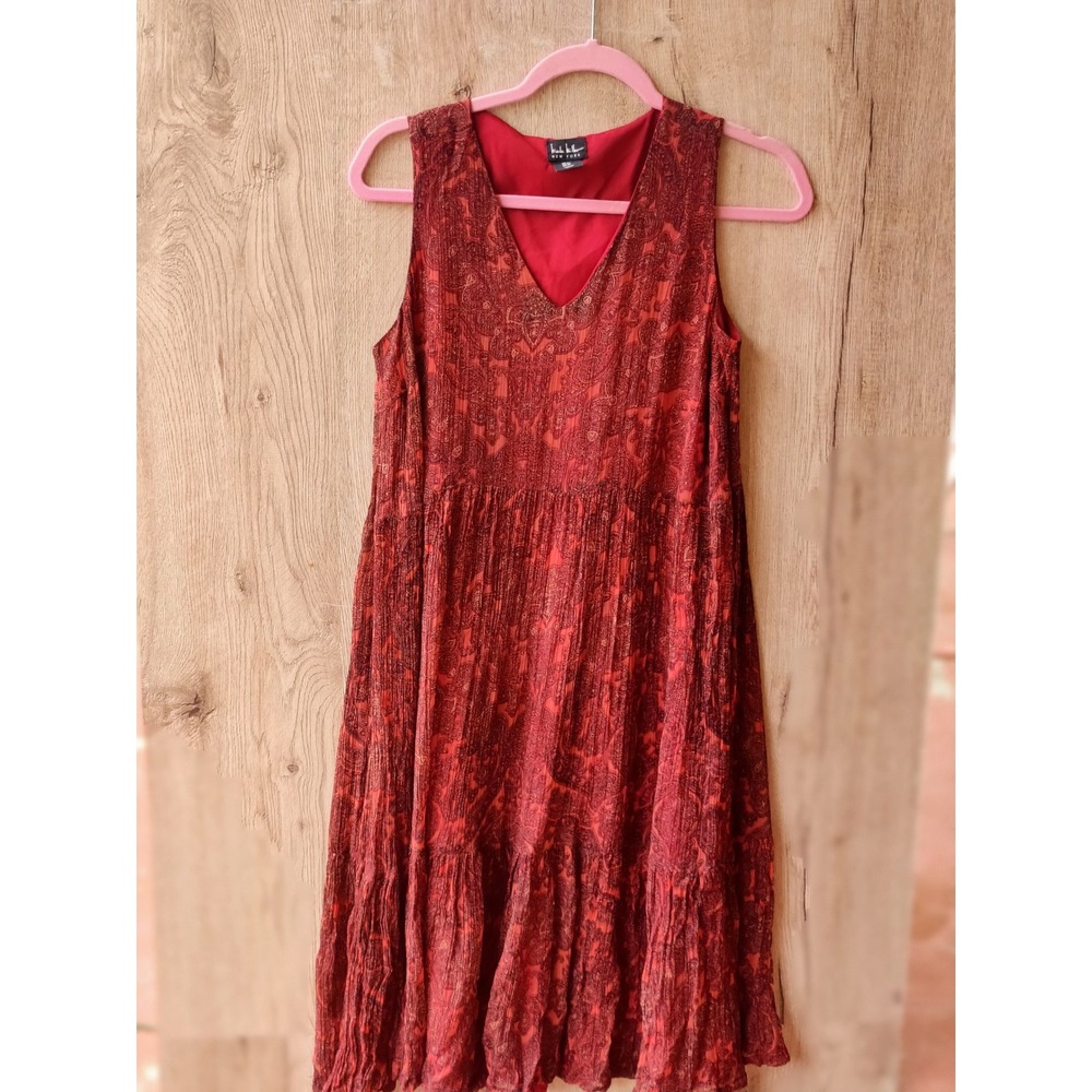 Nicole Miller New York Red Paisley Metallic XS Tiered Crinkle Midi Dress V-Neck